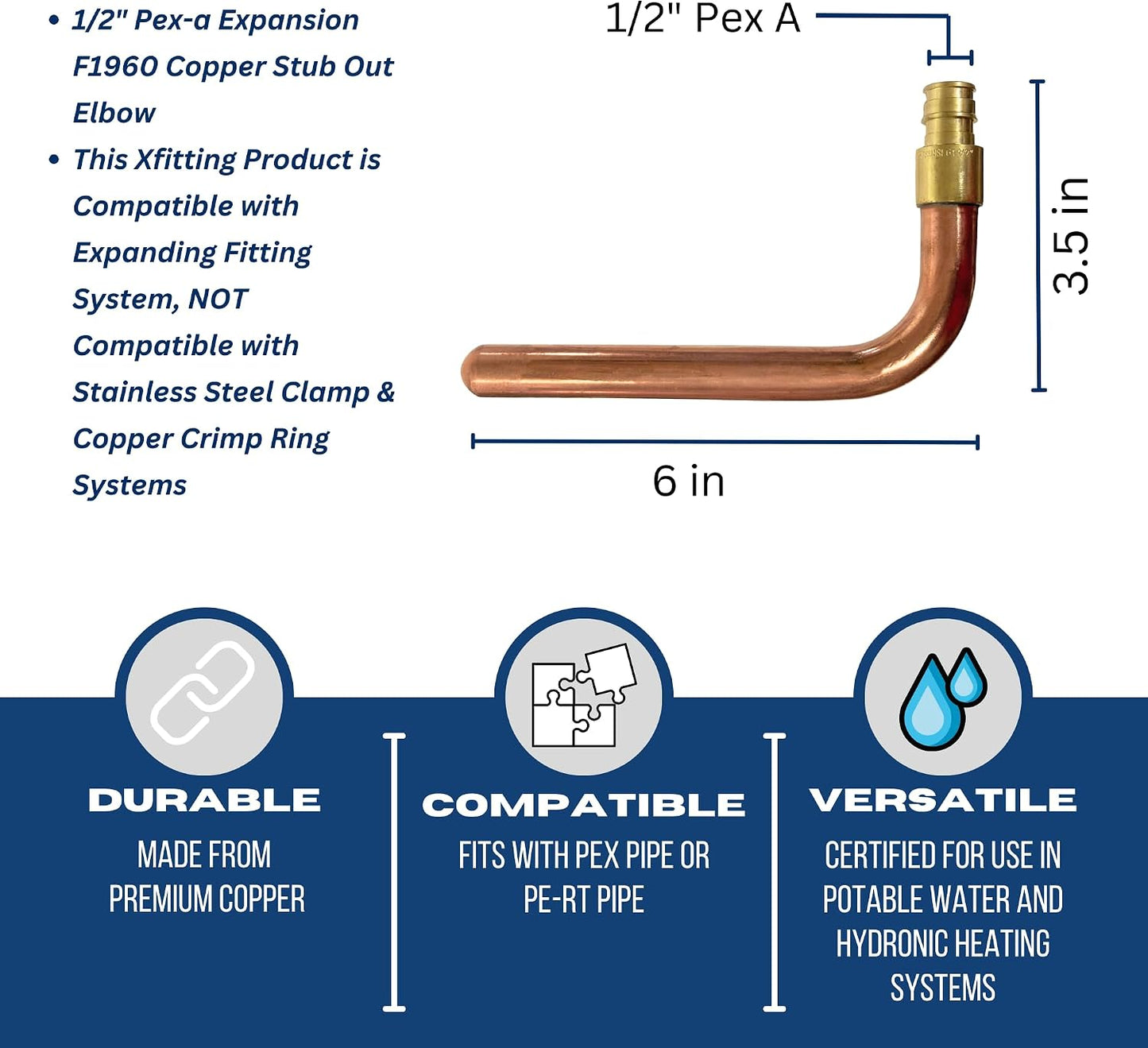 Codo expansión PEX A 1/2 pulg 3.5x6 pulg cobre 10 pzas