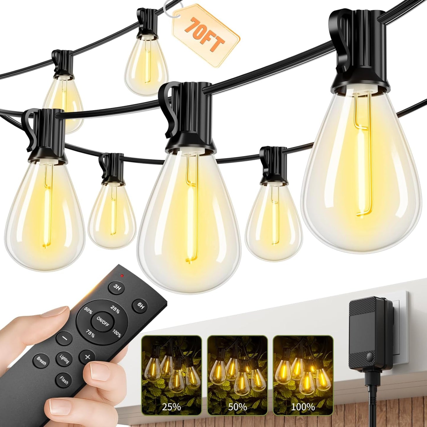 Tira luces LED exteriores 70ft control remoto 241 bombillas S11
