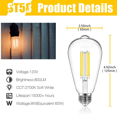 Pack 6 Bombillas LED Edison E26 Regulables 800LM Blanco Cálido