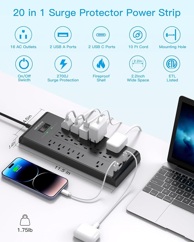 Regleta alimentación 10ft 16 tomas 4 USB 2700J soporte pared negro