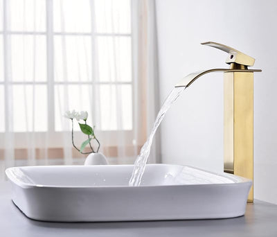 Grifo baño alto color dorado cepillado 1 agujero con desagüe