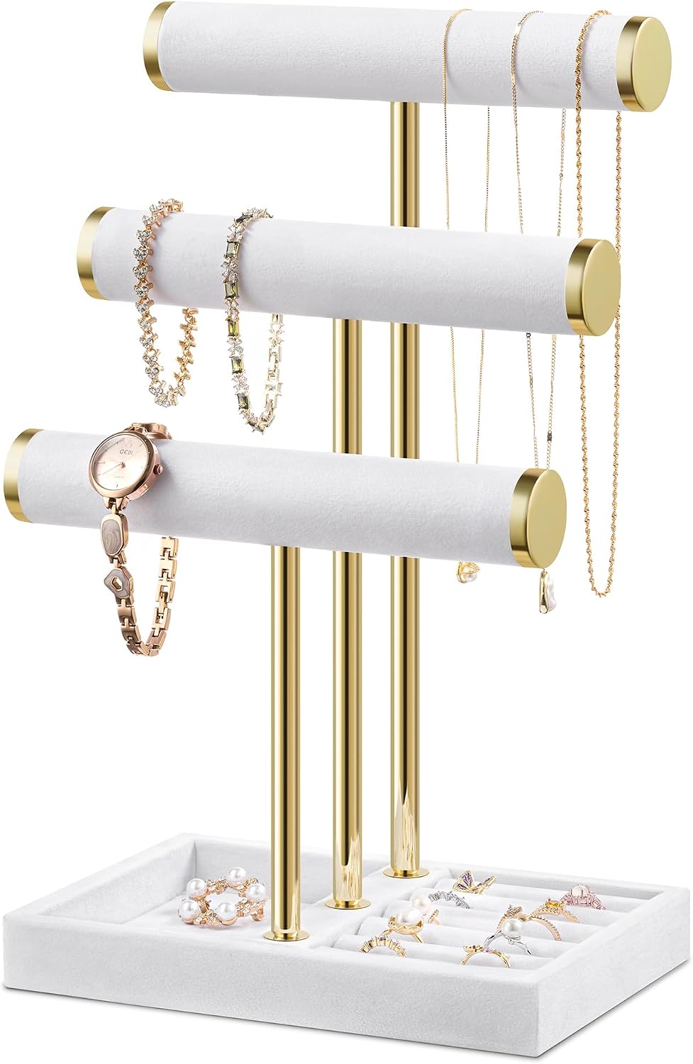 Soporte joyas terciopelo 3 niveles blanco