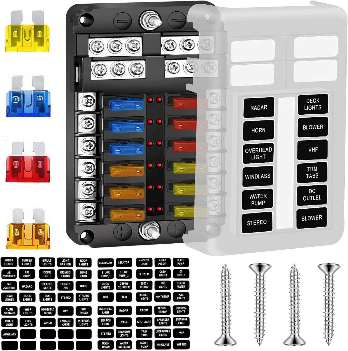 Bloque fusibles marino 12 vías LED impermeable 12 circuitos