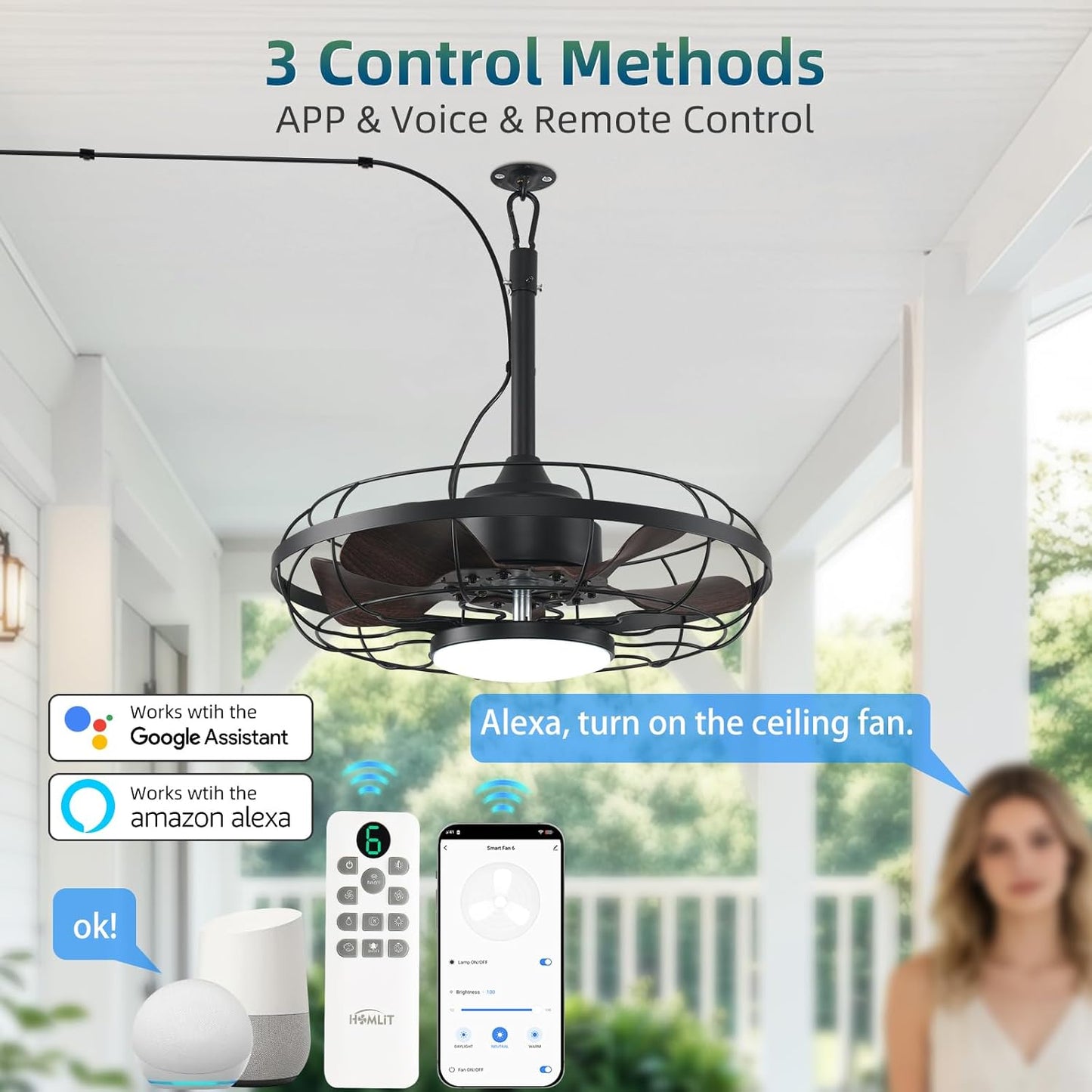 Ventilador techo exterior con luz 21pulg IP65 control Alexa