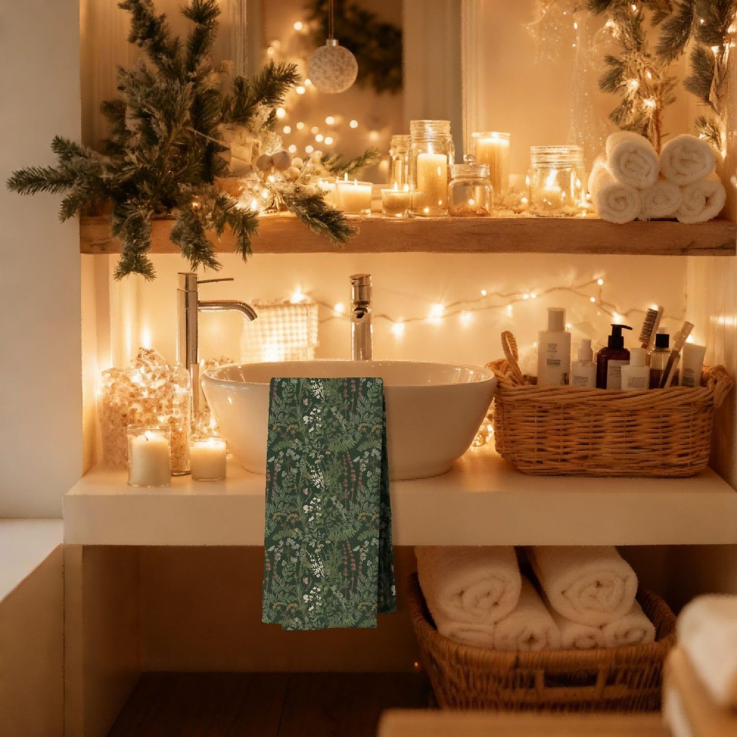 Toallas de cocina botánicas vintage con hojas de helecho y flores