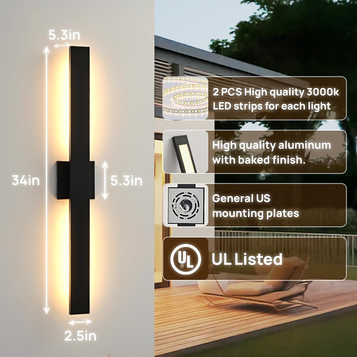 Luces LED pared exterior 34pulg aluminio vidrio 3000K