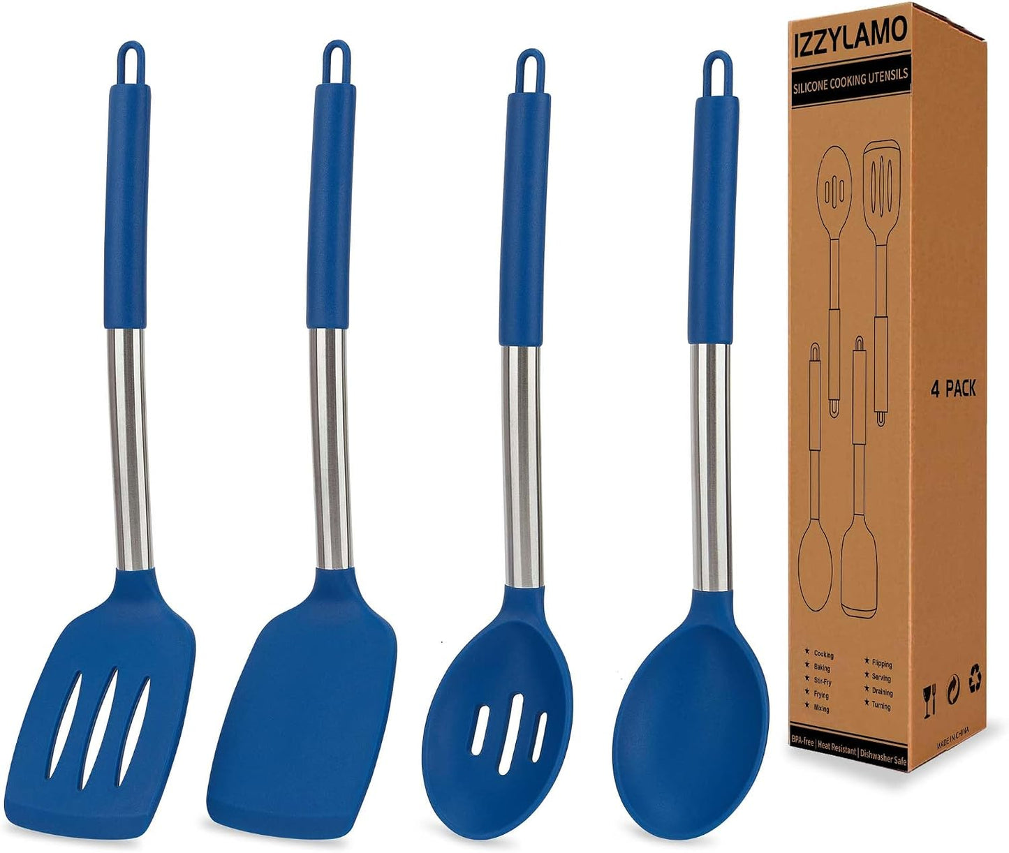 Set 4 Utensilios Silicón Antiadherentes con Mango Acero Inox Azul