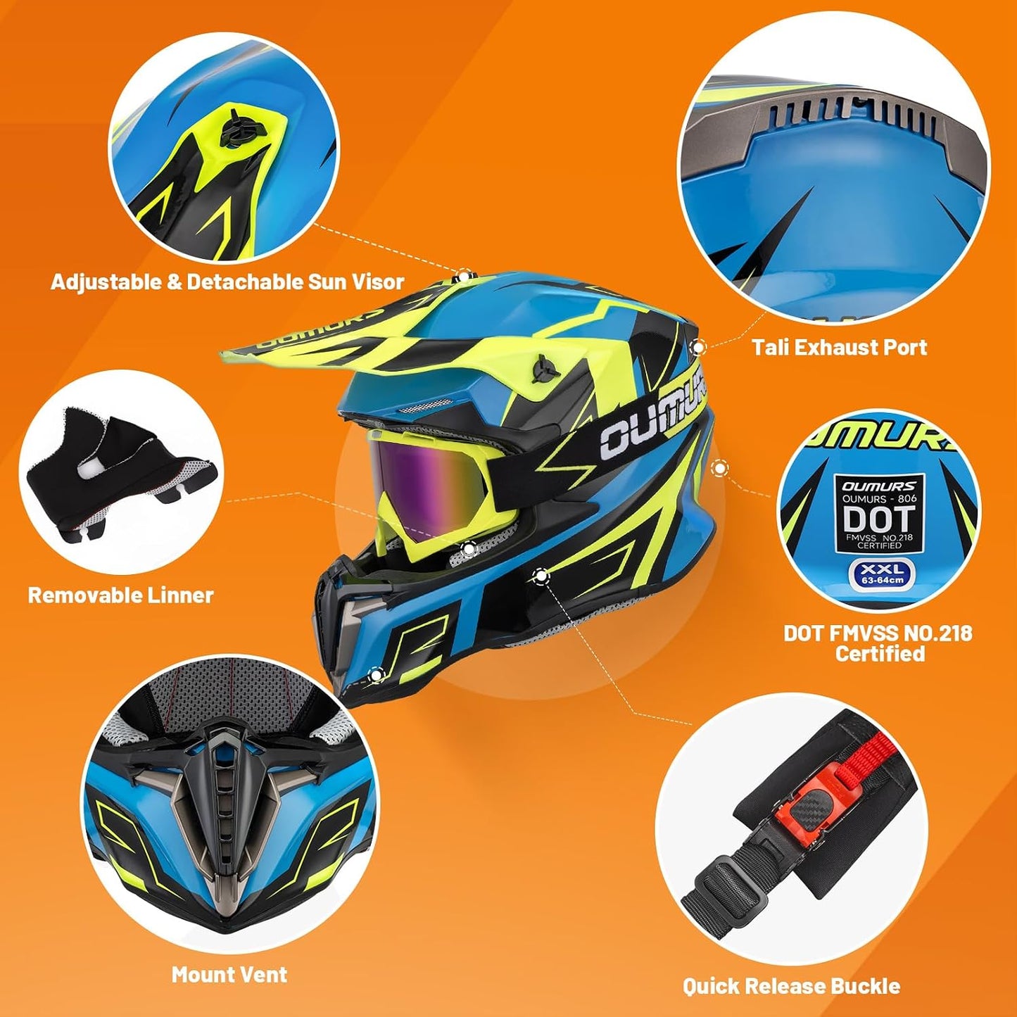 Casco motocross para adultos con gafas y visera solar
