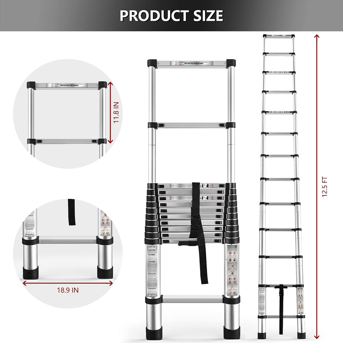 Escalera telescópica aluminio 12.5ft plegable antiderrap