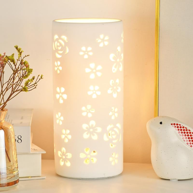 Lámpara Mesa Cerámica Blanca Moderna con Flores para Niños