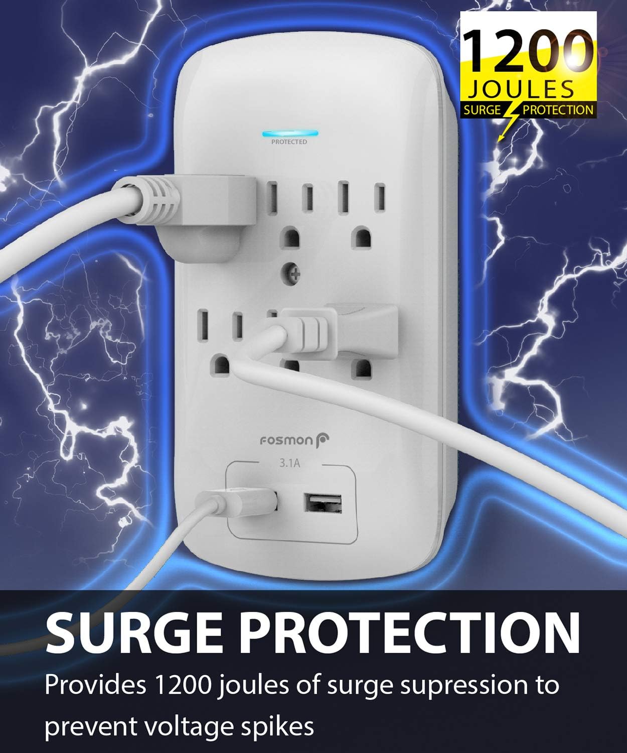Protector sobretensiones 6 tomas 1200J 2 USB 1875W con tierra