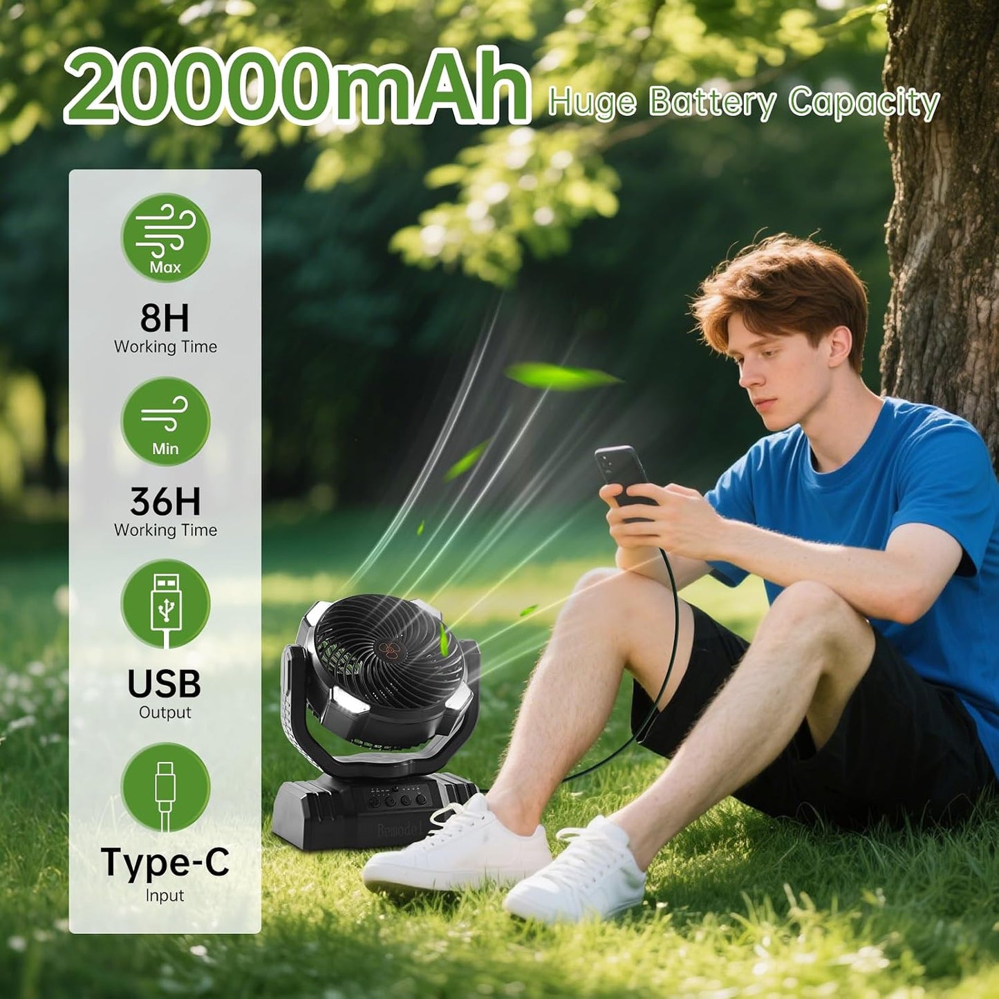 Ventilador portátil recargable 20000mAh con linterna LED