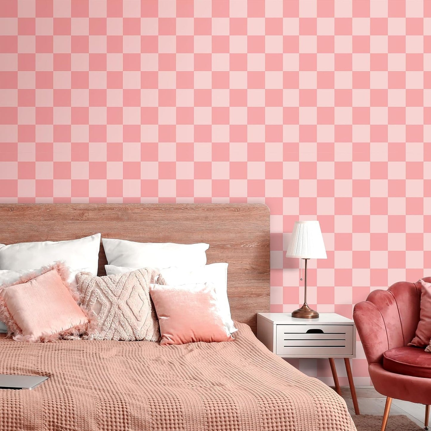 Papel tapiz a cuadros rosa 17.5x590pulg autoadhesivo