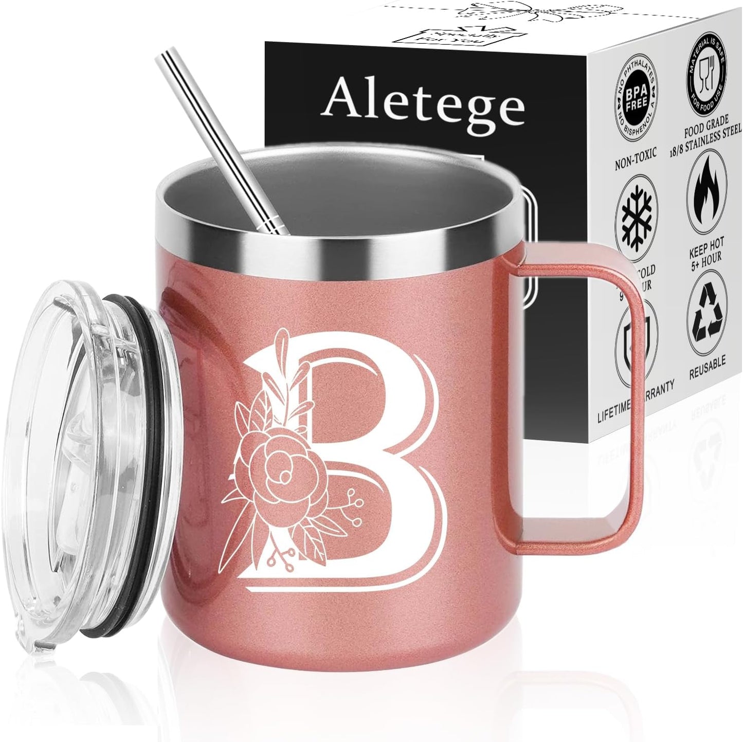 Taza café aislada con inicial B tapa asa 12oz oro rosa