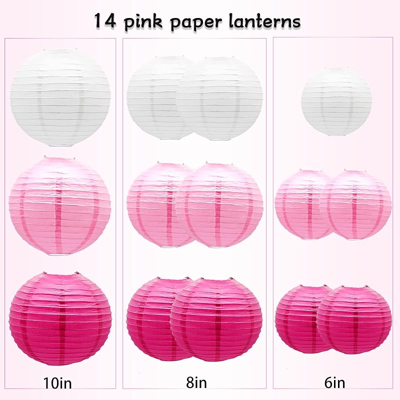 14 Linternas Papel Rosa Blanco 10x8x6pulg Colgantes