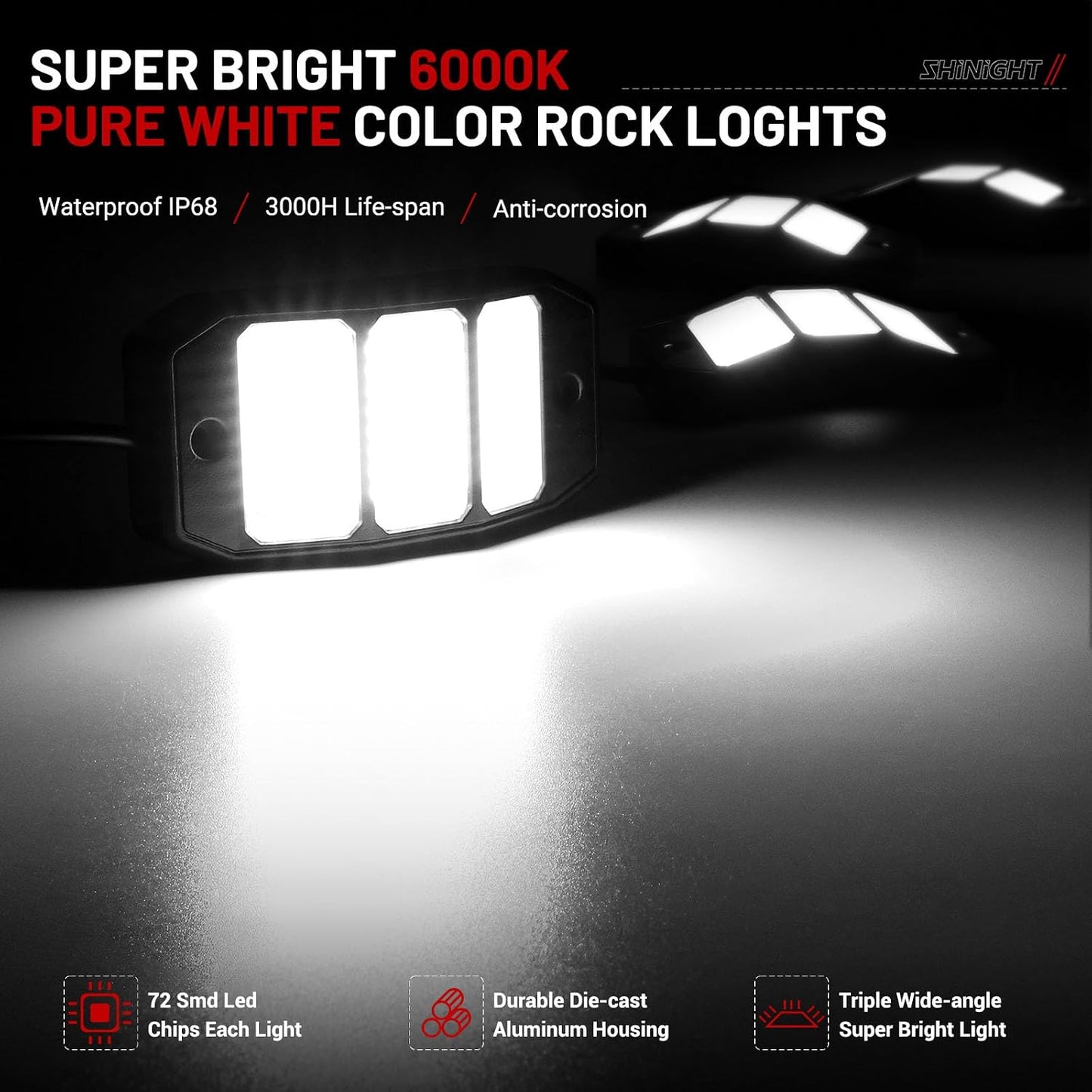 4 Pzas Luces Roca Blanca 6000K 72 Chips LED 3M Cables