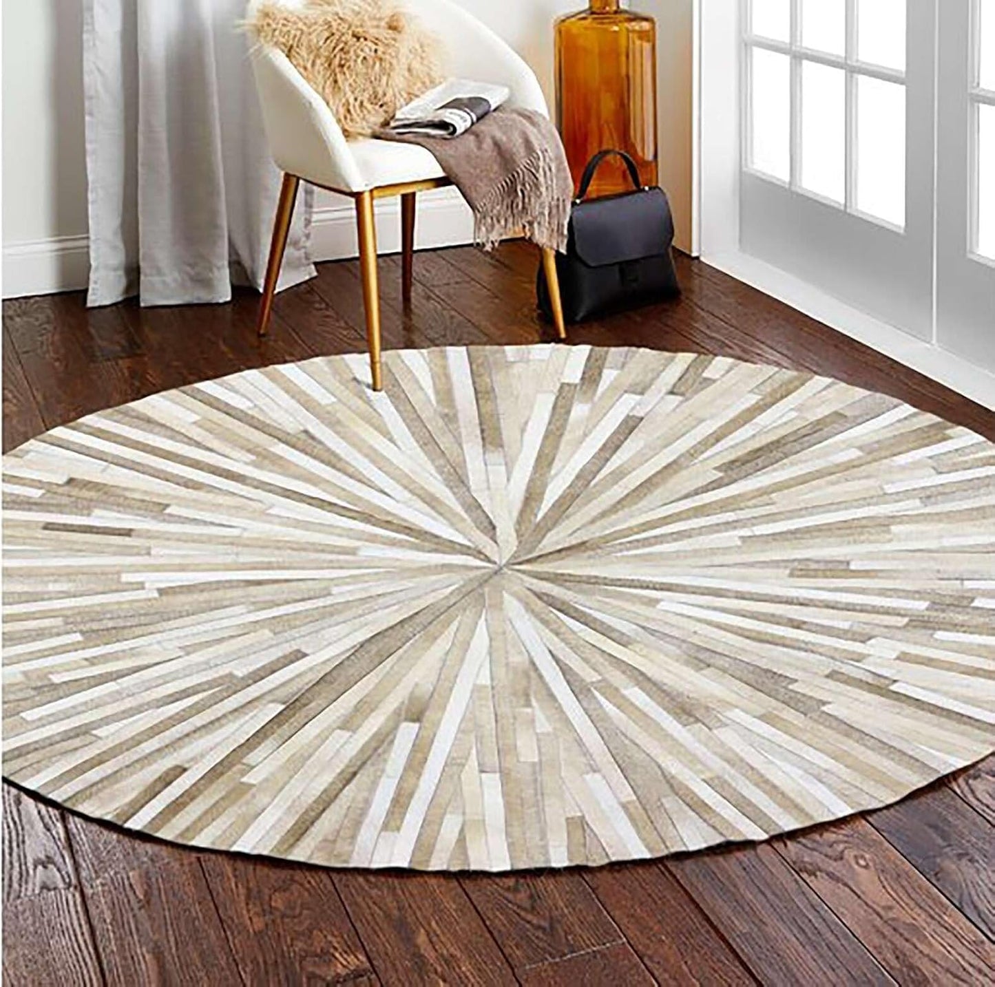 Alfombra piel vaca rayas circulares beige 6x6