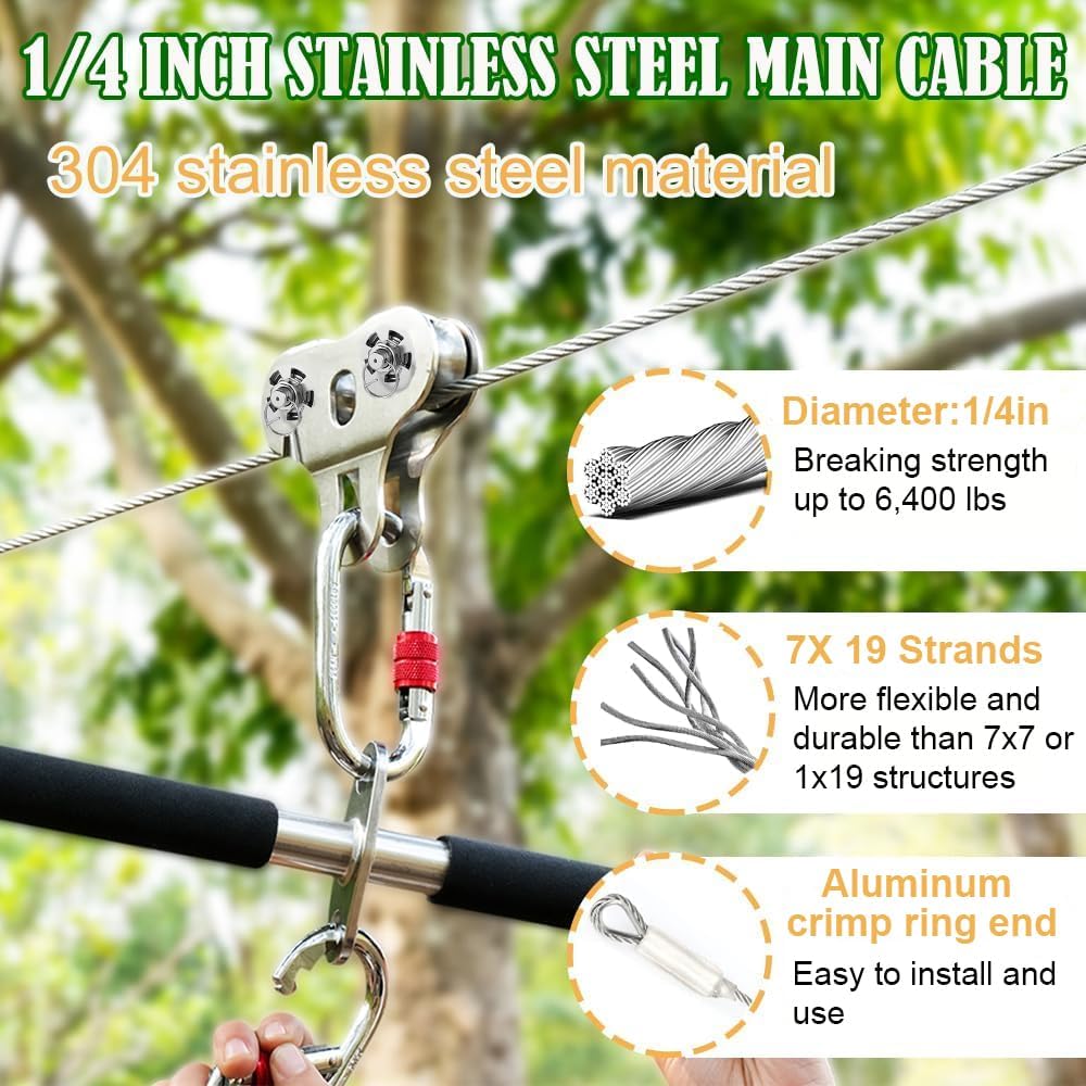 Tirolinas al aire libre 180ft acero inox 304 reforzada