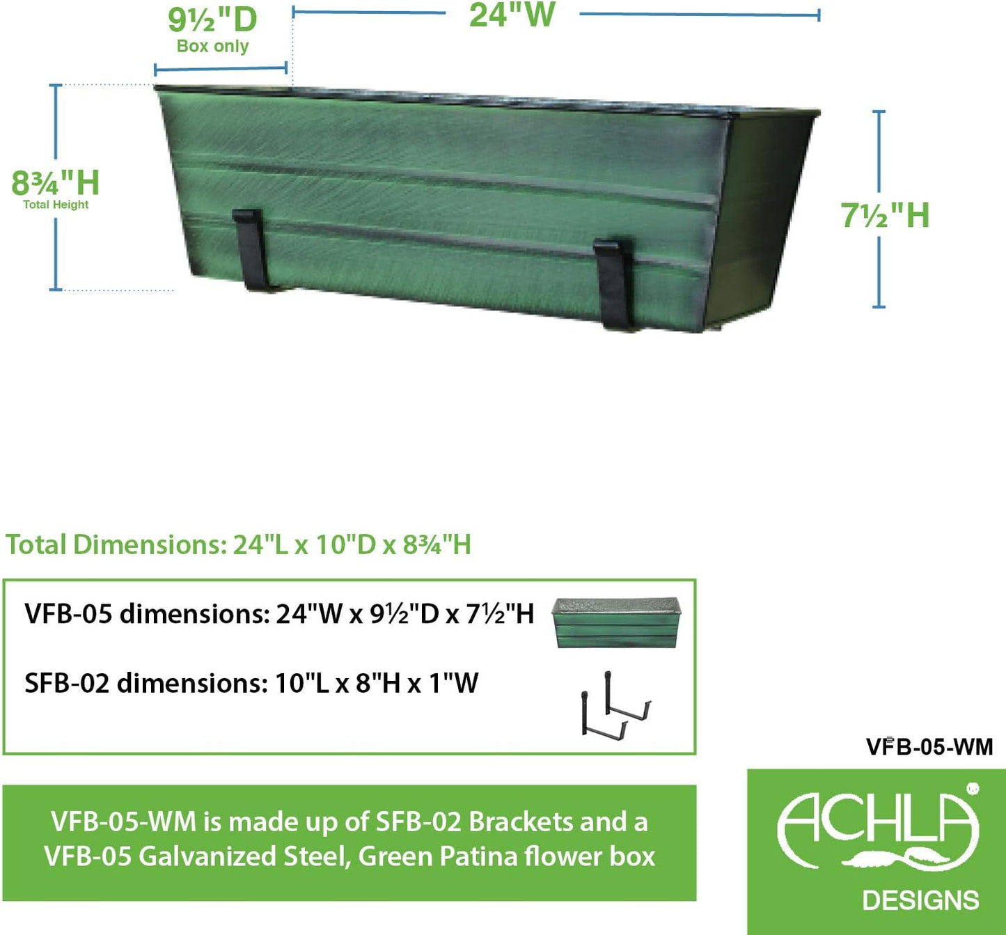 Caja flores verde mediana con soportes pared