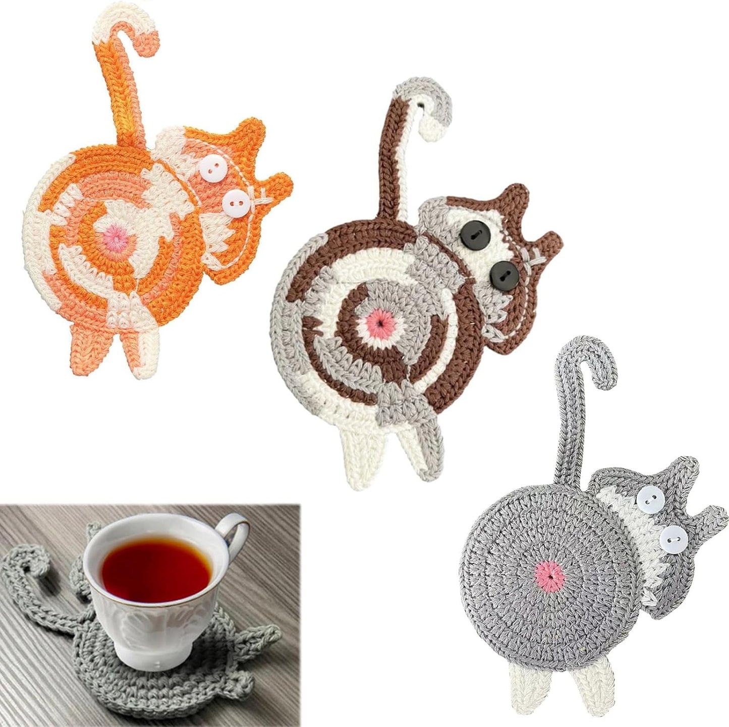 3 Posavasos Tejidos para Gatos Regalo Amantes