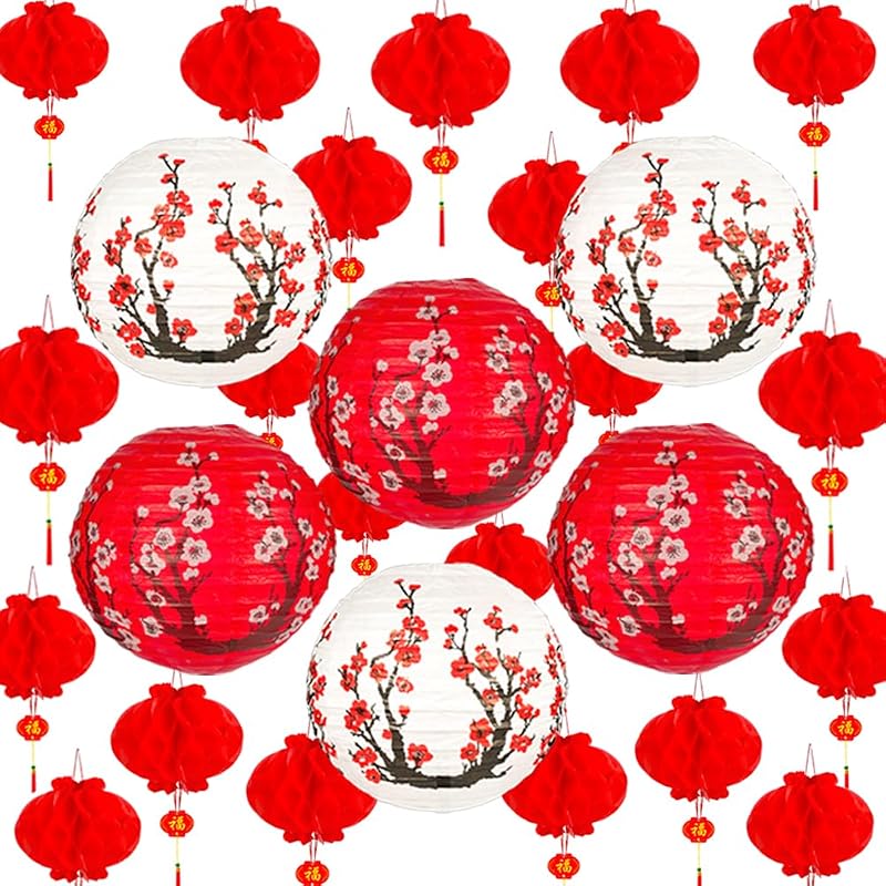 Juego 26 linternas papel flor cerezo rojo 12x8pulg