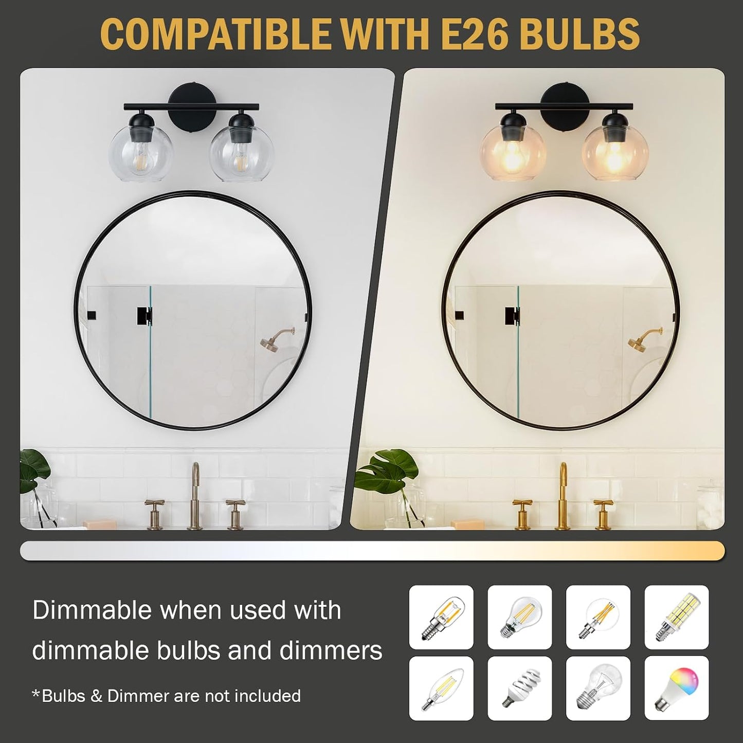 Lámpara baño negro 2 luces vidrio globo moderna