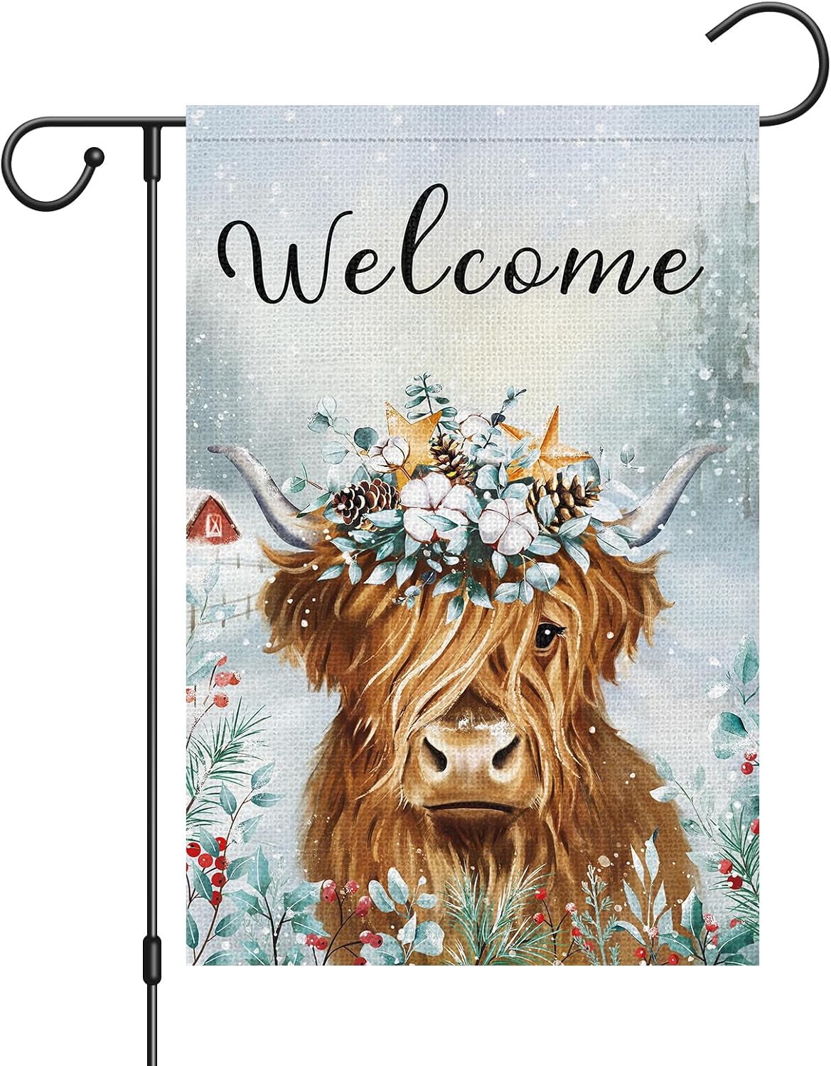 Bandera jardín invierno doble cara 12x18pulg vaca tierras altas