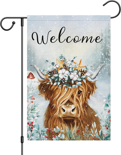 Bandera jardín invierno doble cara 12x18pulg vaca tierras altas