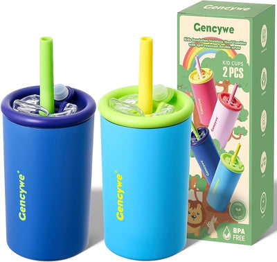 2 Vasos Acero Inox Doble Pared para Niños con Pajita y Tapas 12oz