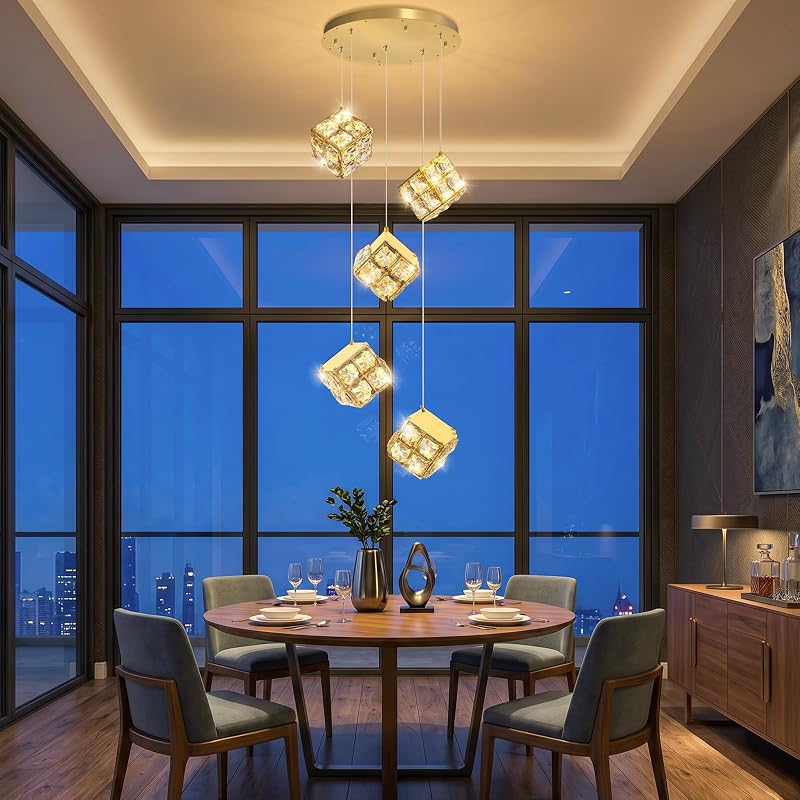 5 Luces Colgantes Cristal LED Dorado Comedor