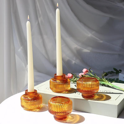 Set 4 Portavelas Ámbar Cónicos Vidrio Acanalado Boda Otoño