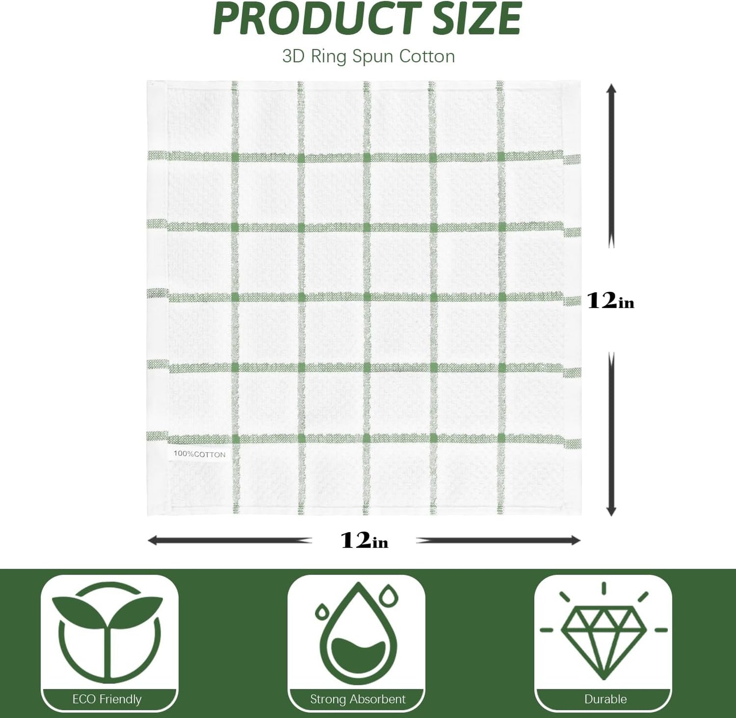 8 Pzas Paños Cocina Algodón Reutilizables 12x12pulg Verde