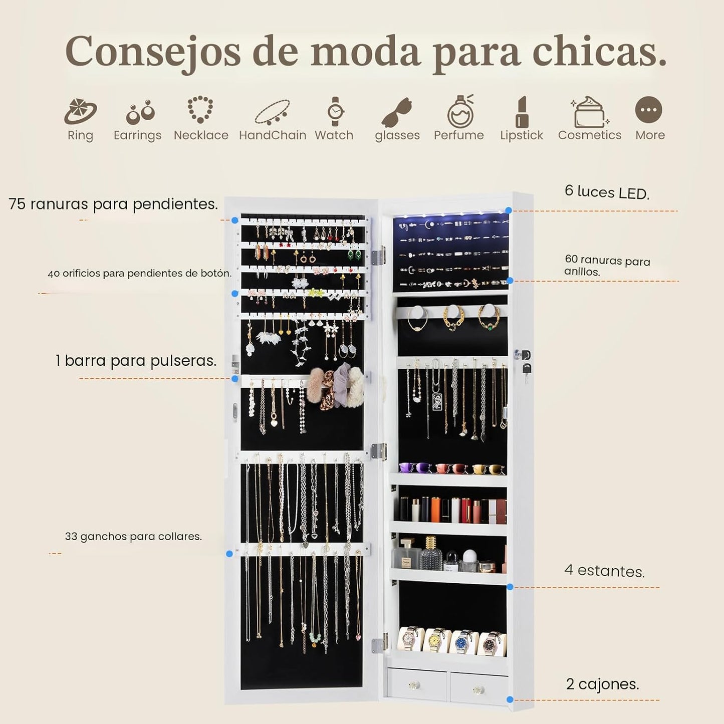Gabinete joyería con espejo 6 luces LED para pared o puerta