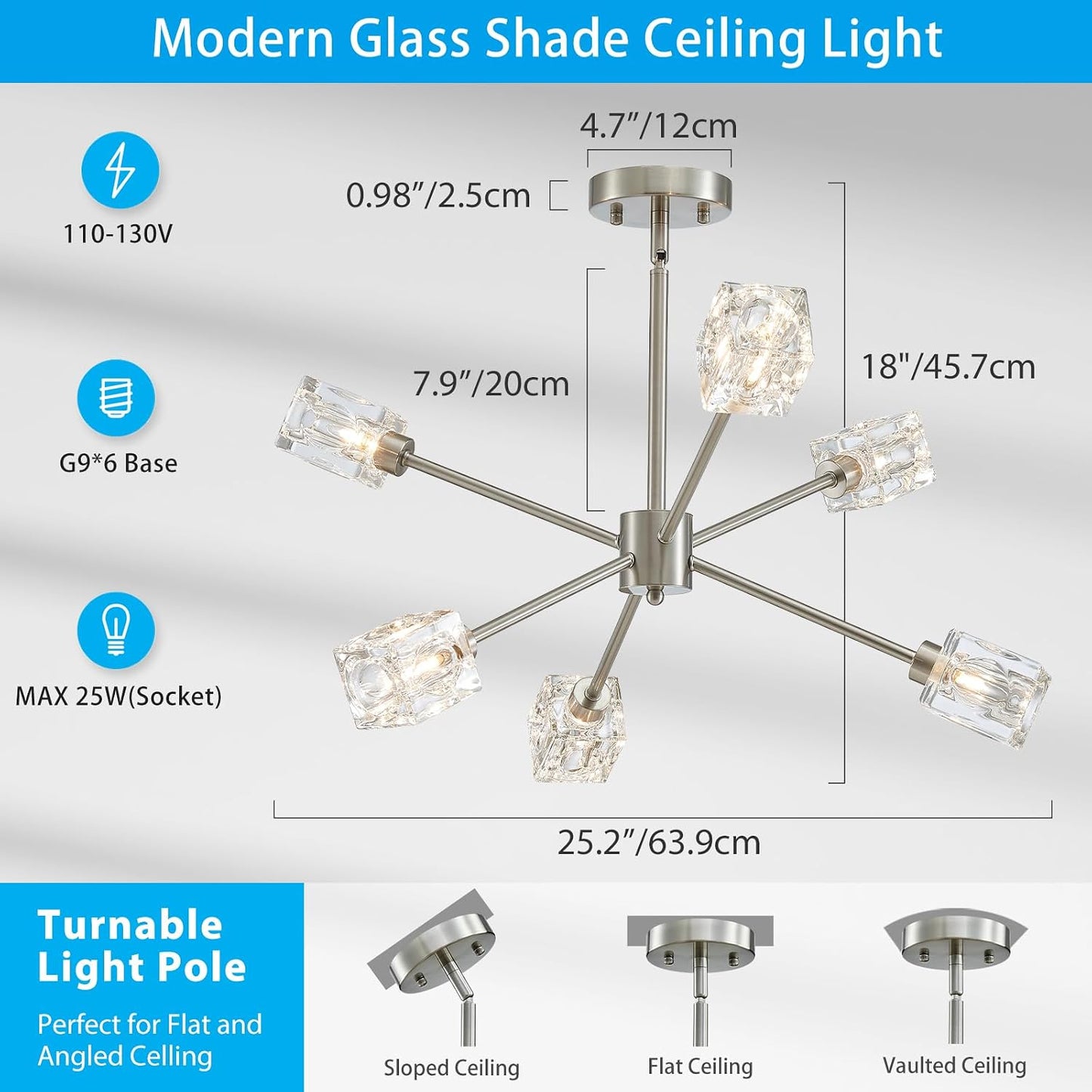 Lámpara techo semiempotrada 25pulg 6 luces níquel