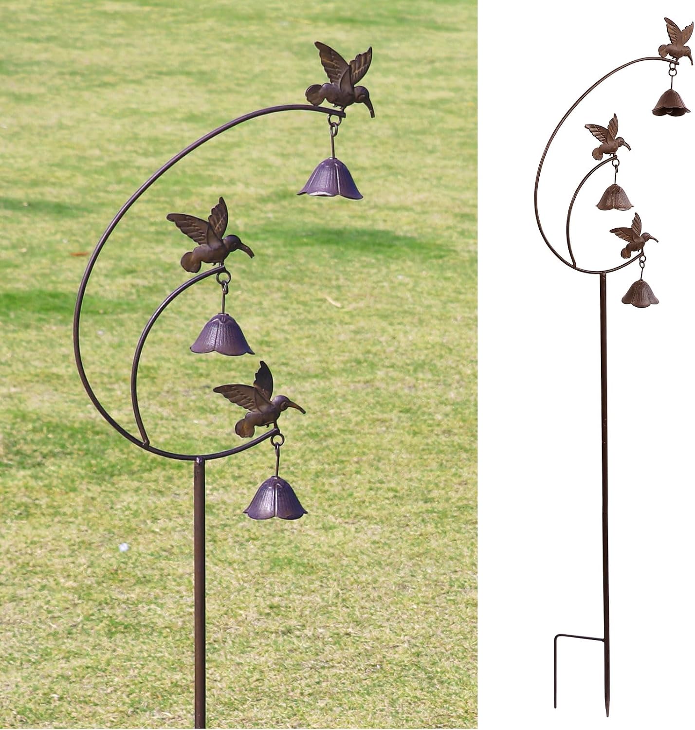 Colibríes de metal con campanas para jardín decorativo