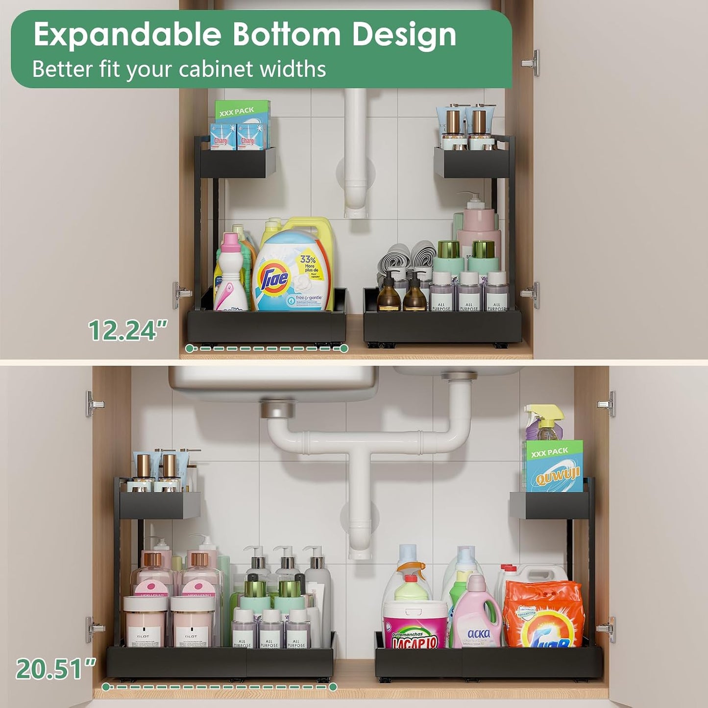 Organiz. debajo fregadero 2 niveles ajustable cocina baño negro