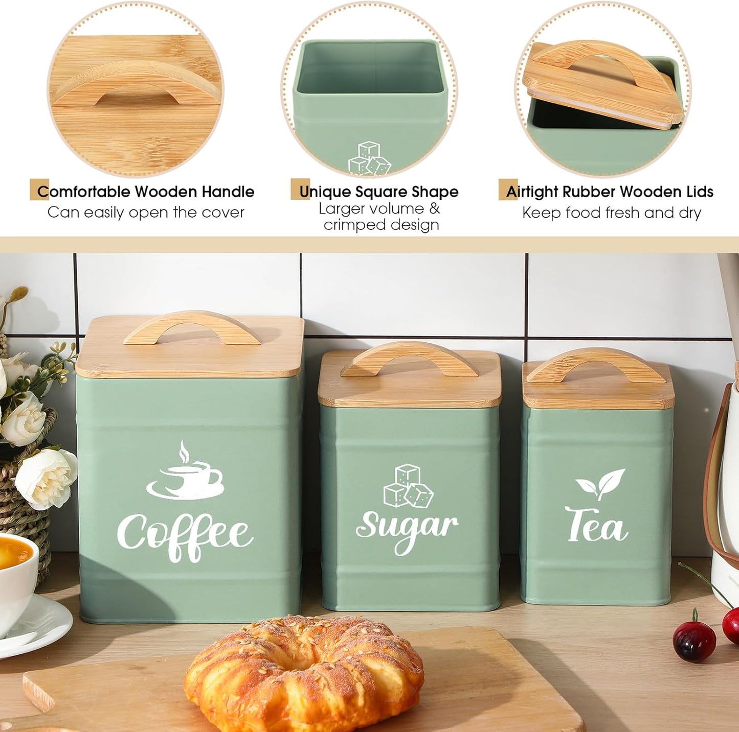 3 Pzas Tarros Metal Bambú para Café Té Azúcar
