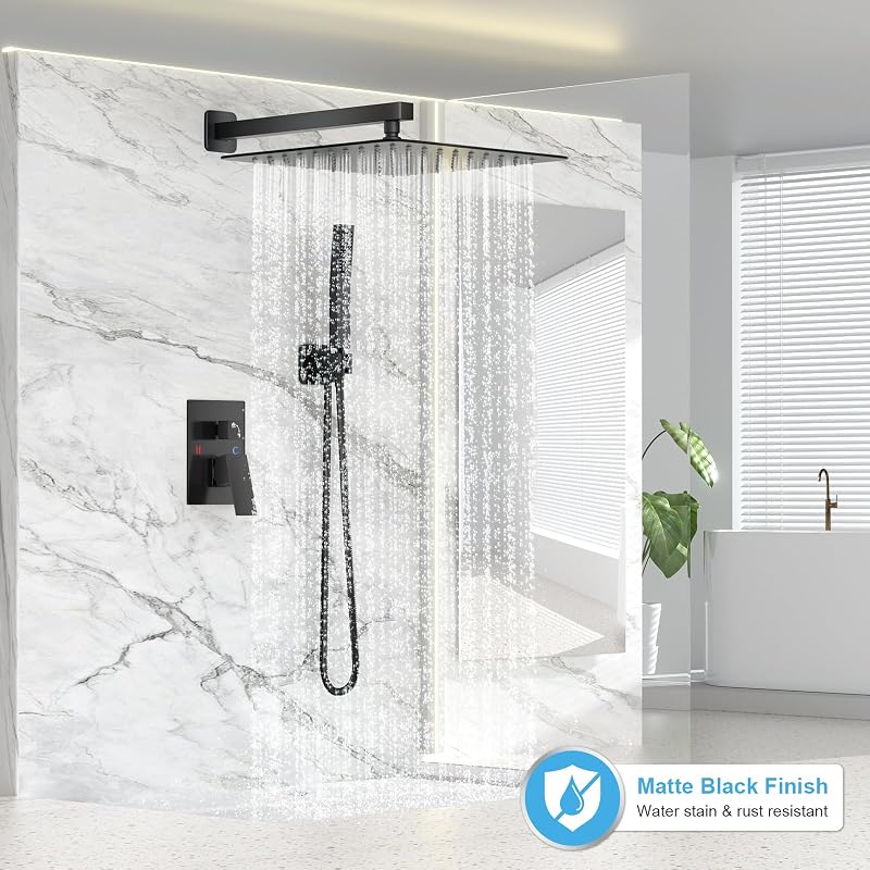 Set grifo ducha lluvia cabezal cuadrado 16" negro