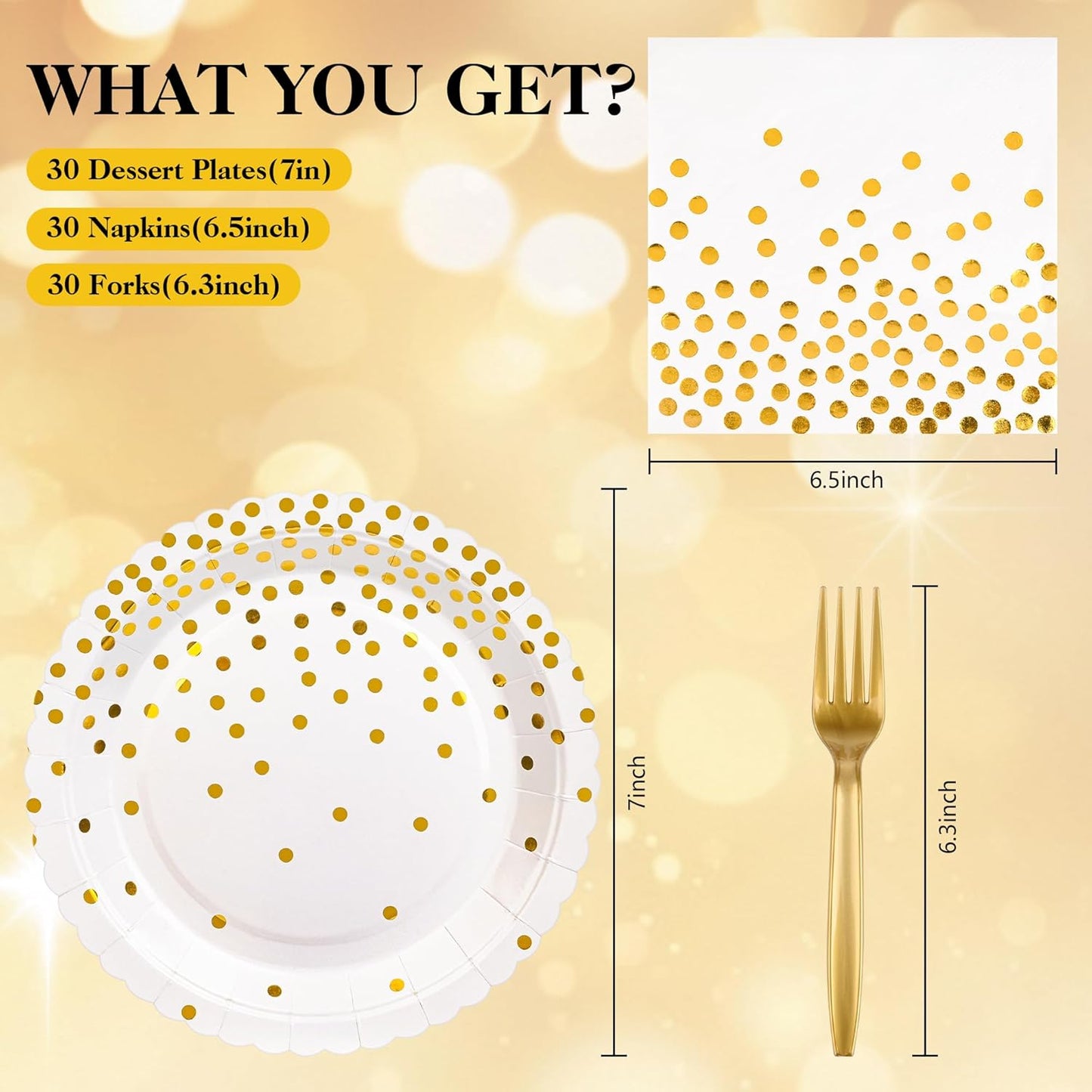 Platos y servilletas de fiesta en blanco y dorado con motivos escalonados para 30 personas