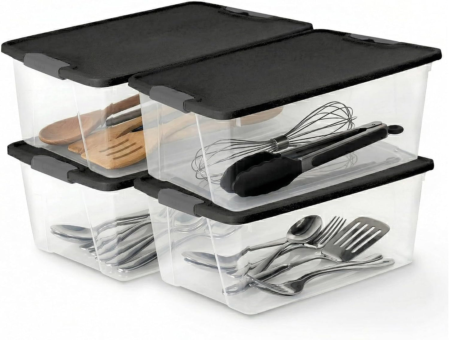 4 Cajas Plástico Transparente 15qt Cierre Seguro Tapas