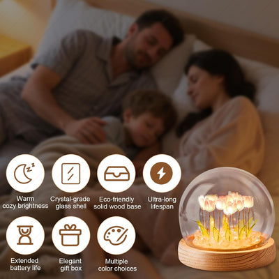 Luz nocturna tulipanes cristal base madera decoración hogar
