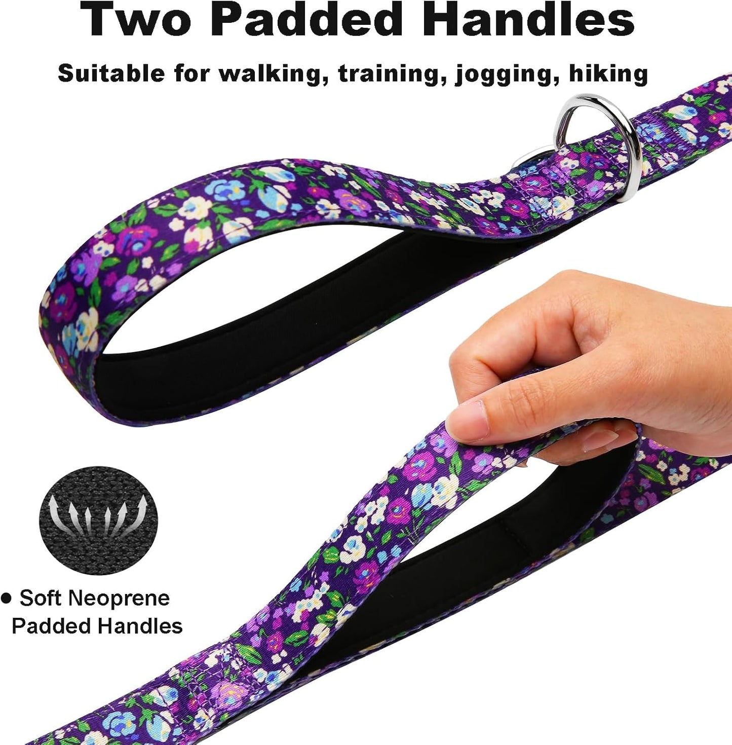 Correa perro 6ft doble asa suave floral morado