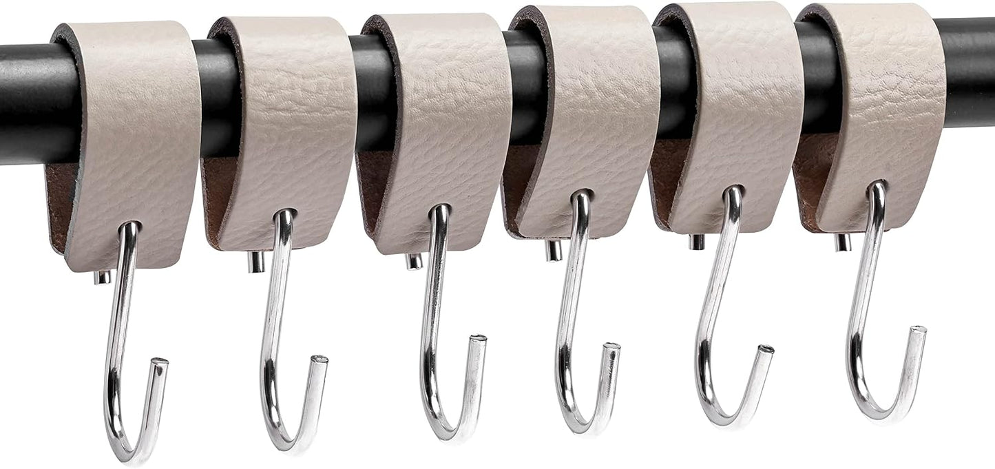 6 Ganchos en S Cuero Acero Inox para Abrigos Gris Claro