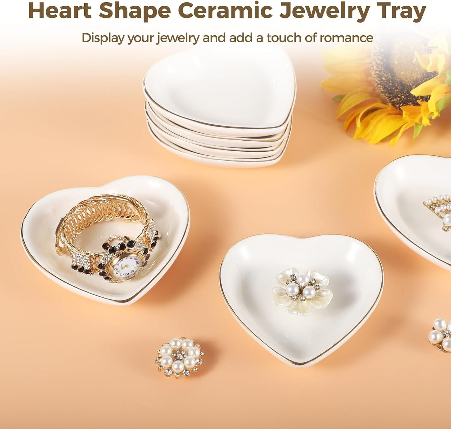 12 Platos Cerámica Corazón para Joyas Anillo Boda Dorado