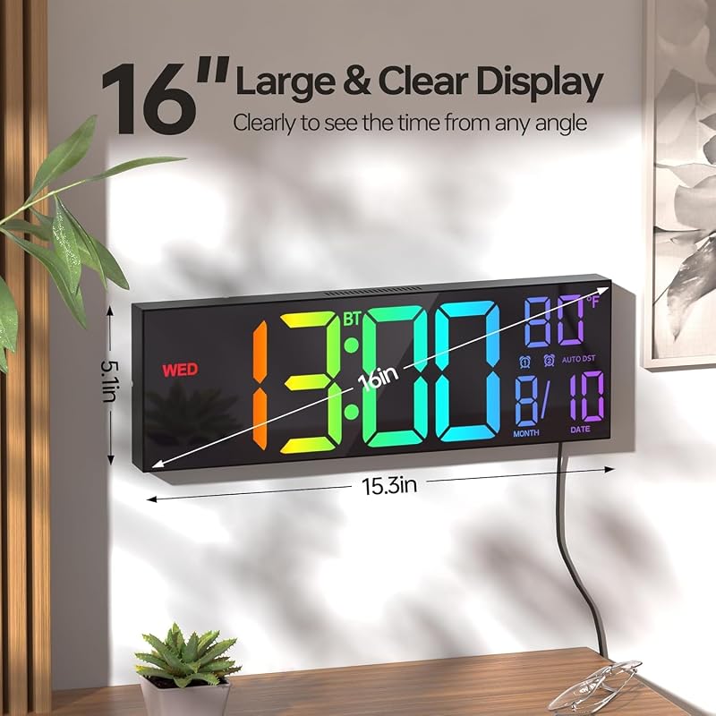 Reloj pared digital 16.2pulg Bluetooth alarma RGB