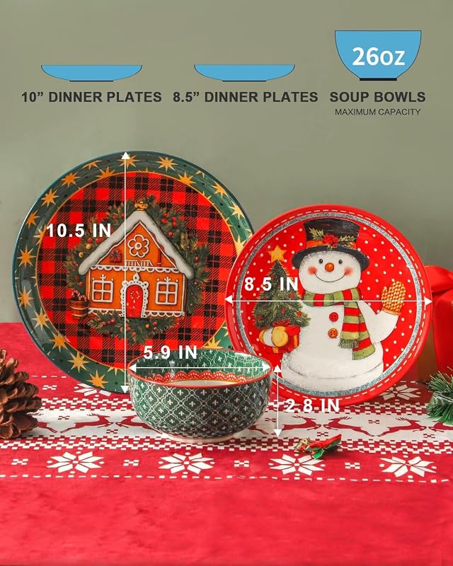 Set 12 Pzas Vajilla Navidad Cerámica Rojo Verde