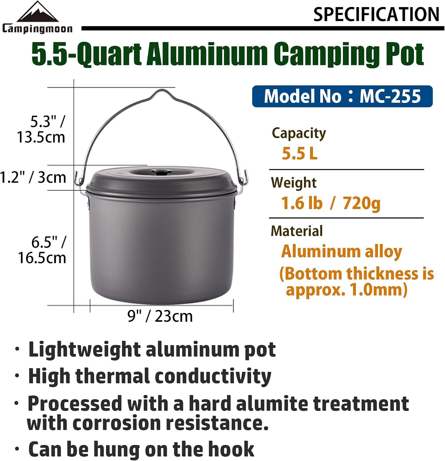 Olla camping portátil aluminio ligero 5.5qt