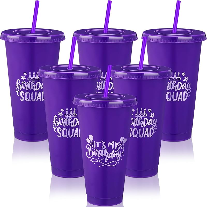 Vasos plástico cumpleaños 24oz con tapa pajita morado