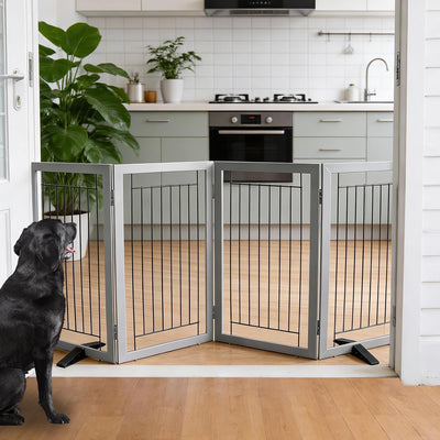 Puerta plegable para perros madera gris ancha