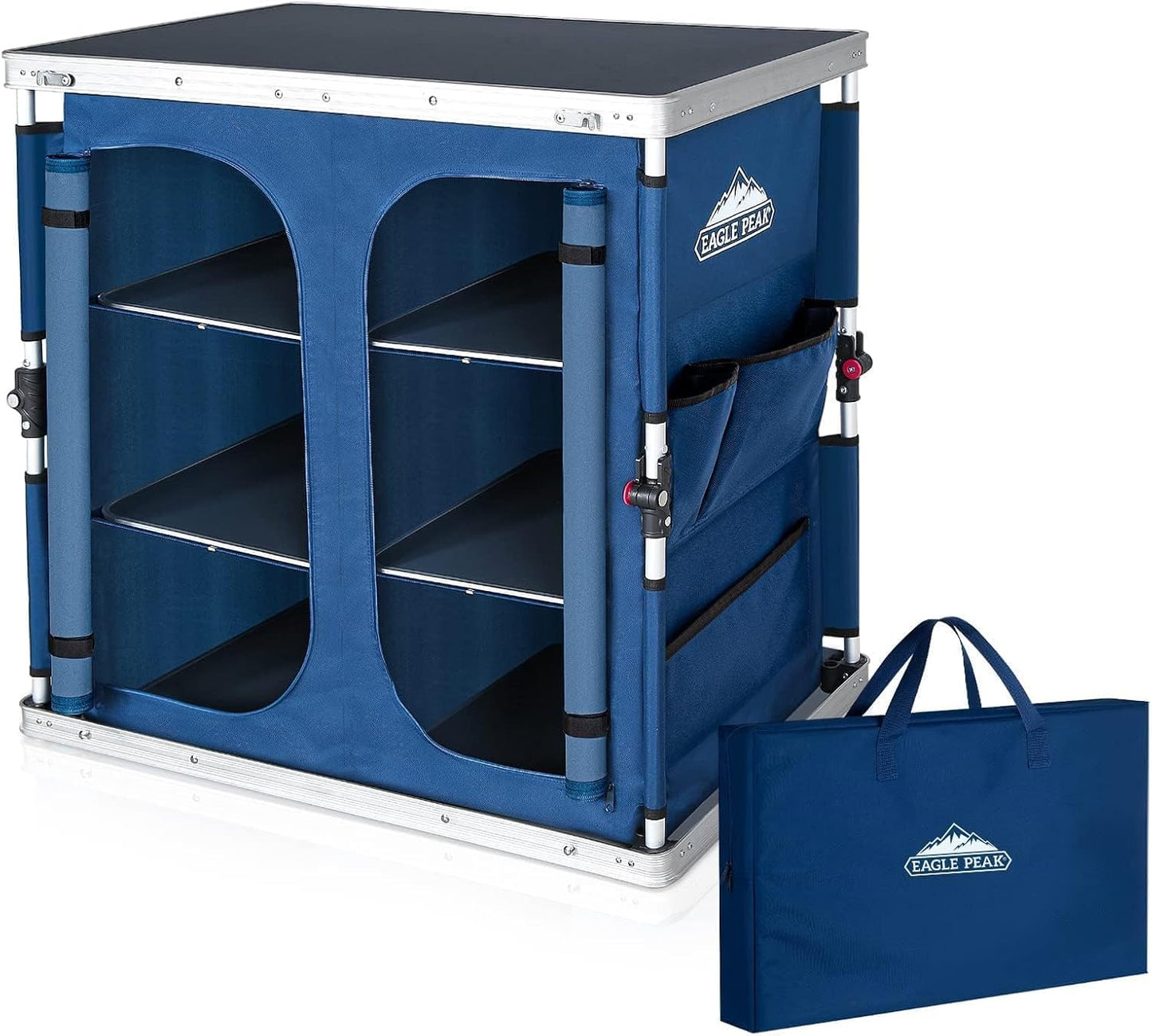 Mesa camping plegable doble con organiz. y bolsillos